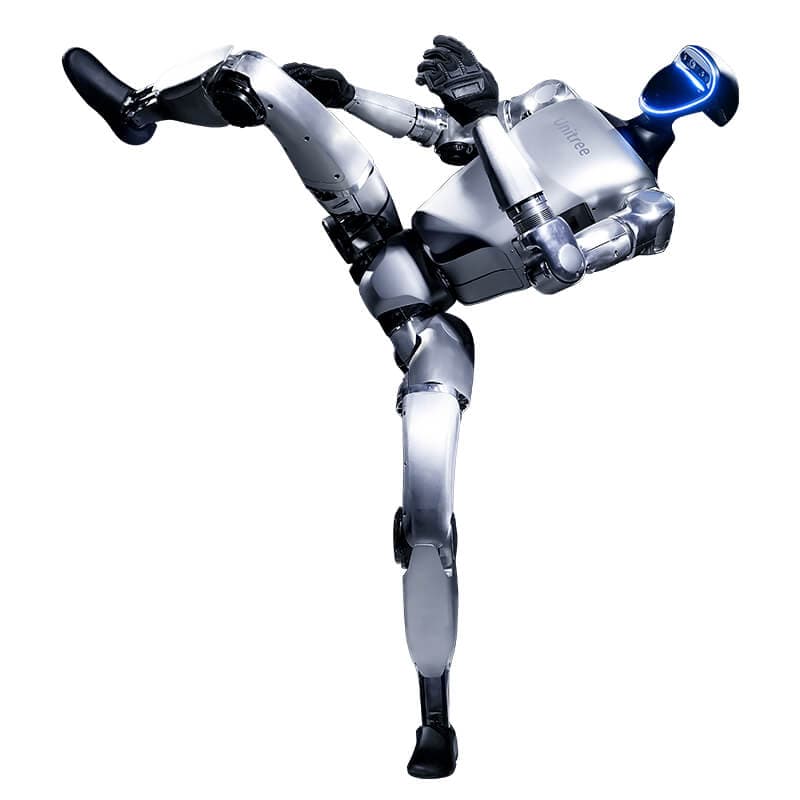 Unitree G1 mid high-kick, showing the side and back of the machine