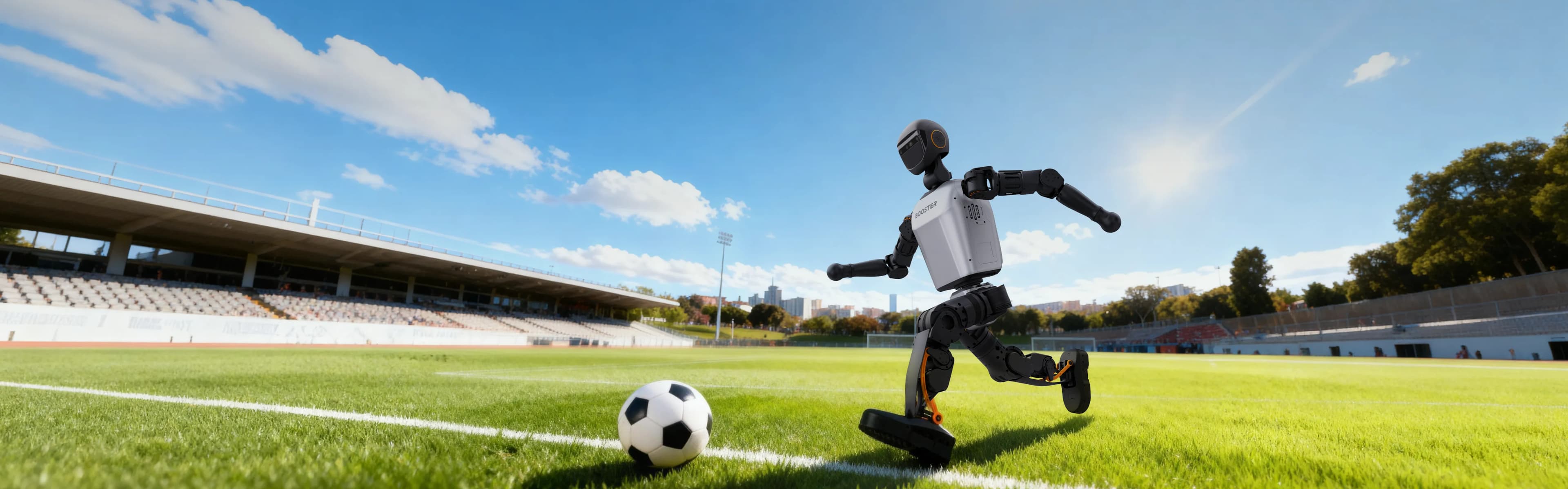 Booster T1 humanoid robot running at a football on a stadium pitch