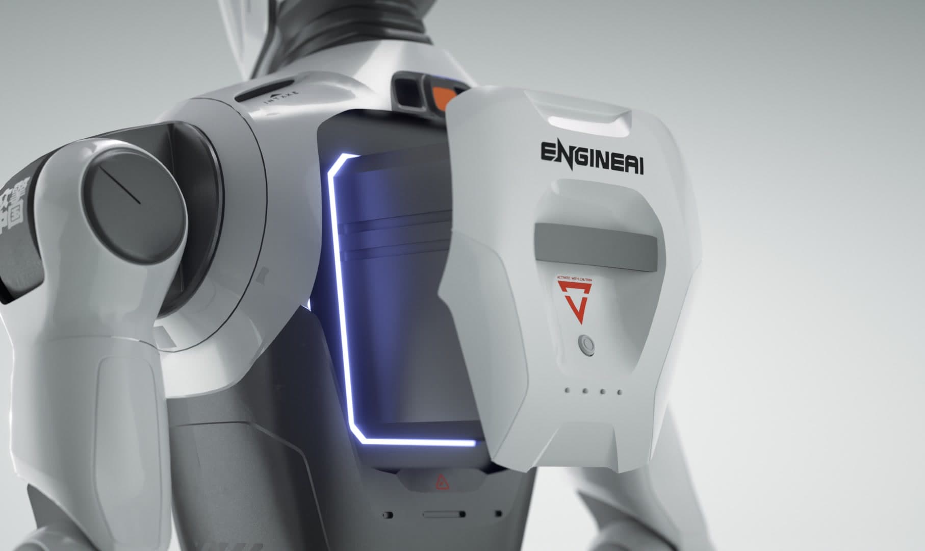 EngineAI T800 upper body from behind, showing the removable battery pack