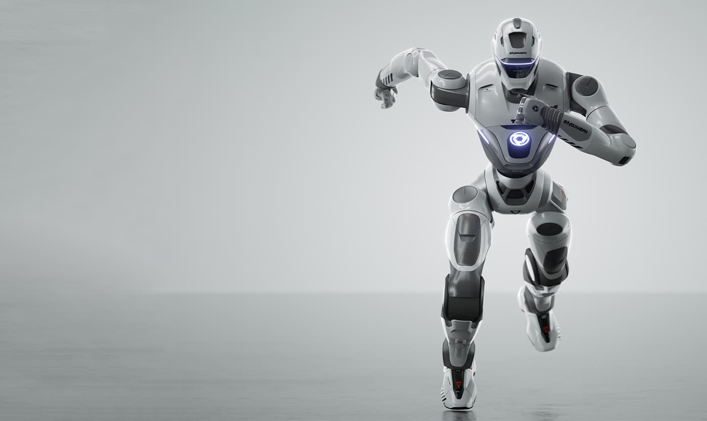 EngineAI T800 running toward the camera, full body from the front