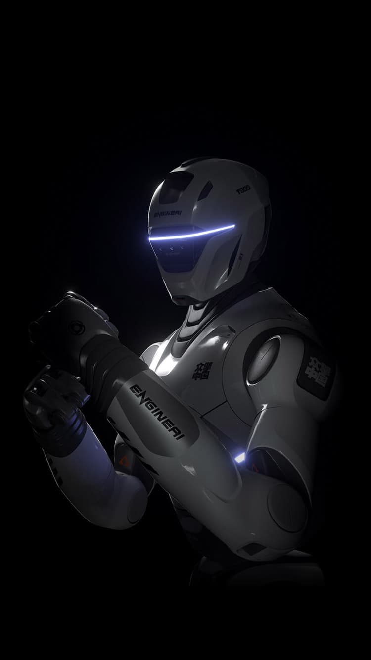 EngineAI T800 in guard stance, lit against a black background